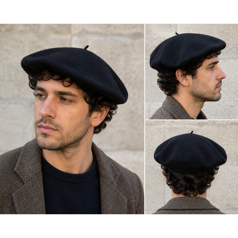 Vintage Elosegui Super Lujo Basque Beret Black Wool Felt Hat Spain Size 7 56cm - Picture 1 of 10